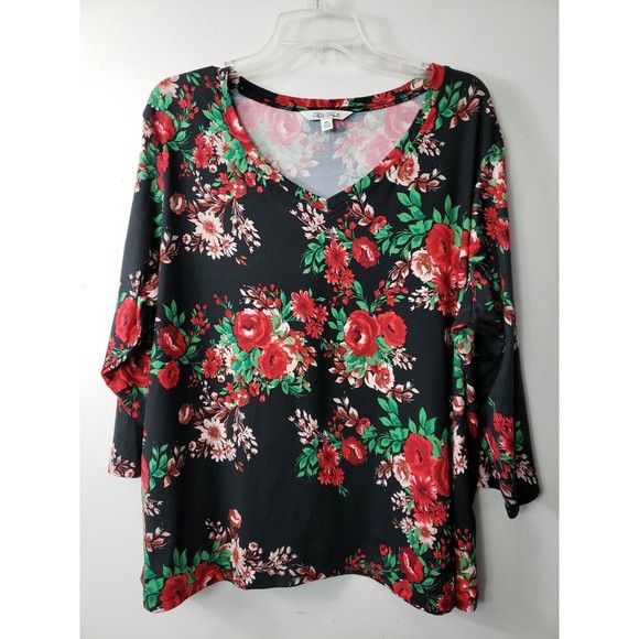 The Pioneer Woman 2X Black Red Flowers 3/4 Sleeve V-Neck Tunic Stretch top - Picture 1 of 8